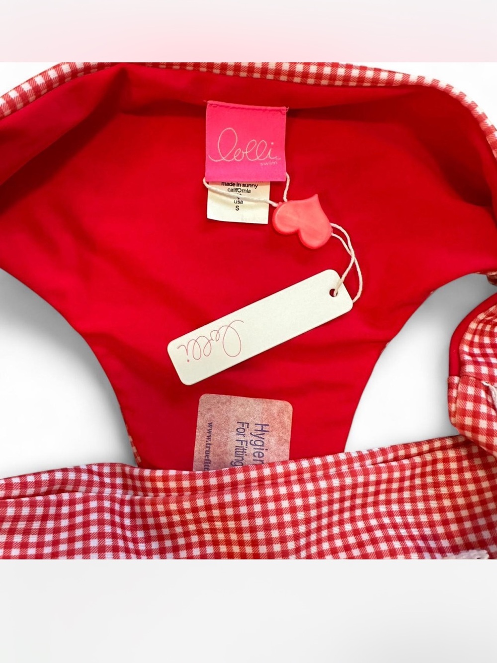 *NWT* LOLLI SWIM Mi Linda Ruffle Pocket Bikini Red/White Gingham Eyelet Trim — S - Picture 3 of 4